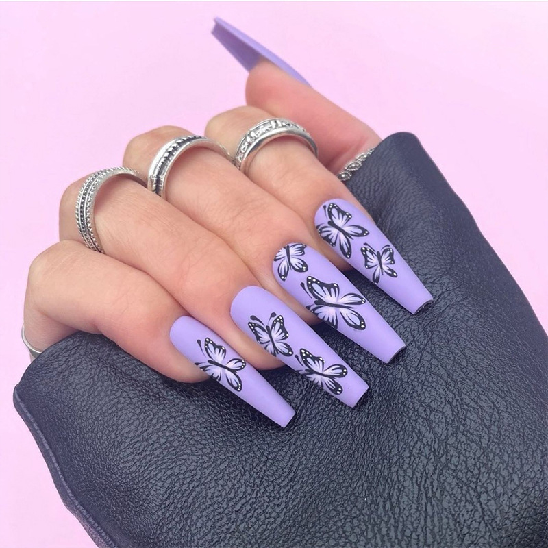 Matte Press on Nails Long Ballerina Fake Nails Purple Butterflies False Nails with Design 24Pcs Fake Fingernails Long Ballerina Fake Nails Purple Butterflies False Nails with Design 24Pcs Fake Fingernails with Glue for Nail Art Salon DIY Decoration